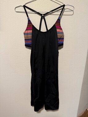 Athleta Black One-Piece Swimsuit with Pink, Orange and Yellow Stripe Accents